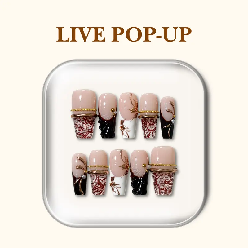 NailPhoria ANTIQUE VEIL - Fall Handmade Press-On Nails | Reusable, Salon-Quality, Long-Lasting, Glossy Design - Medium Coffin 25mm