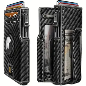 Men Genuine RFID Anti-Theft Brush Positioning Wallet, Magnetic Airtag Slot Automatic Pop-up Metal Card Holder Pickup Bag, Daily Casual Commute Portable Slim Wallet for Daily Outdoor Travel Use