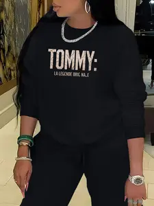 TOMMY Letter Print Fashion Women's Casual Loose Sweatshirt, Stylish Crewneck Long Sleeve Pullover for Comfort in Fall & Winter, Ideal for Outdoor Activities