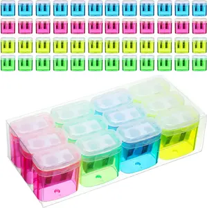 48 Pieces Pencil Sharpeners Manual Double Hole Pencil Sharpener with Lid Hand for Home School Office, Handheld Plastic Crayon Grinder, Pink, Yellow, Green, Blue