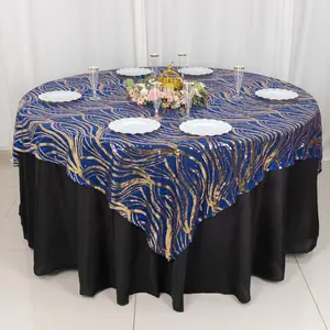Sequin Mesh Table Overlay 72"x72" Royal Blue Wave Embroidered Table Topper