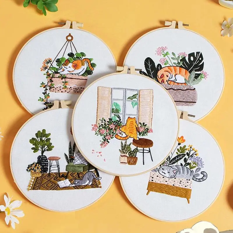 Beginner-Friendly Embroidery Starter Kit for Adults - Cross Stitch Set with Patterns, Instructions, Plant & Cat Designs, DIY Crafts Stress Relief Toy