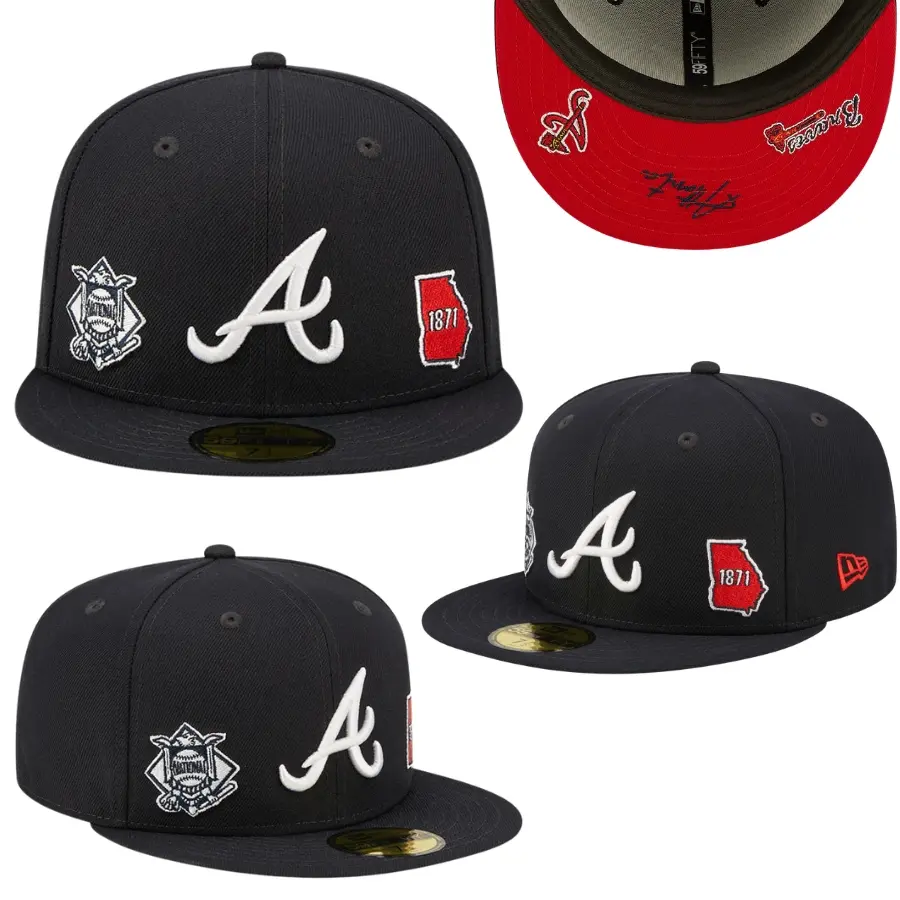New Era Atlanta Braves 59FIFTY Fitted Cap Black MLB Baseball Hat White Embroidered A Logo Georgia 1871 Patch Braves Anniversary Patch Red Undervisor Flat Brim Structured Crown On Field Streetwear Limited Edition