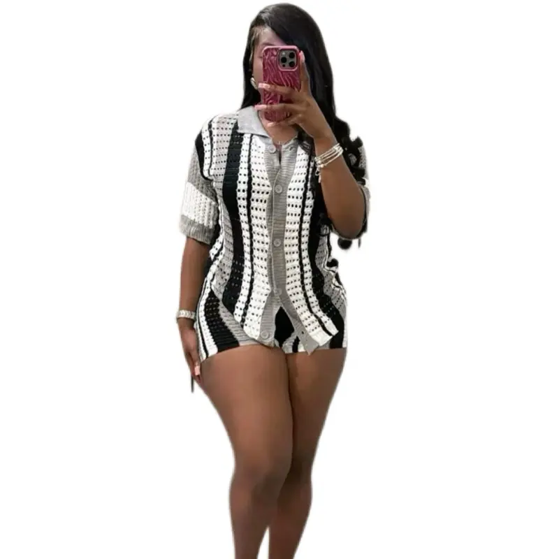 Crochet Shirt & Short Set - Black & White Patterned Design, Comfortable Fit for Women, Ideal for Casual Wear - Suits, Womenswear, Clothes, Top