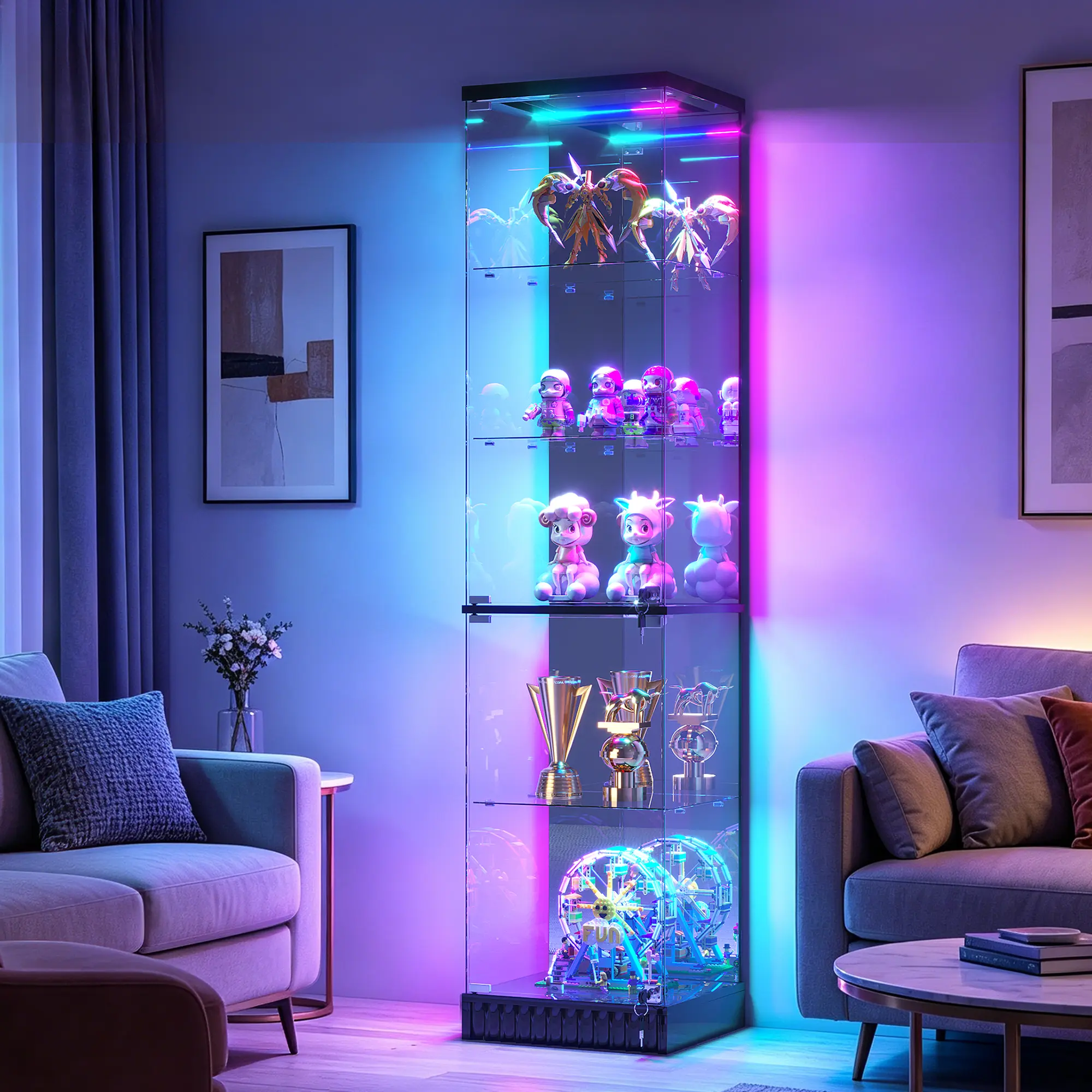 67" Glass Display Cabinet, LED Display Case with RGB Lighting, Lockable Curio Cabinet with Explosion-Proof Glass Doors for Collectibles,6-Tier China Cabint with Motion Sensor Light-White