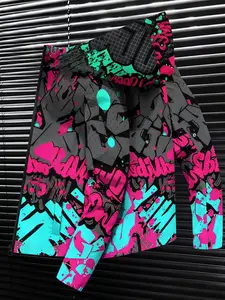 Eye-catching artifact! Black pink and blue graffiti hooded jacket, integrated windproof design, spring and autumn trendy cool niche coat