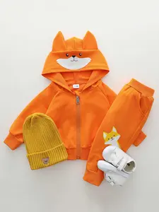 2PCS Baby Toddler Cartoon Fox Print Hooded Zipper Long Sleeve Set, Baby Clothing, Spring & Fall, 2 Piece Set, Comfortable and Stylish, Fitted Style