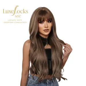 Smoky Taupe Brunette Extra Long Layers Wig with Thick Bangs 29inch Heat Friendly Synthetic Fiber  Rose Net Adjustable Cap Liquid Flow Natural Finish Daily Glam Party Cosplay