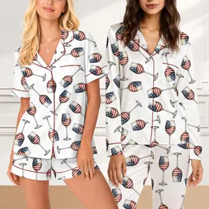 USA 250th Anniversary Patriotic Pajamas Satin Silk Set, 4th of July Pajamas Sets, USA Flag Coquette Bow Patriotic Premium Satin Pajamas, Gift For Her, Independence Day Fourth of July Pajama Set, Women Sleepwear