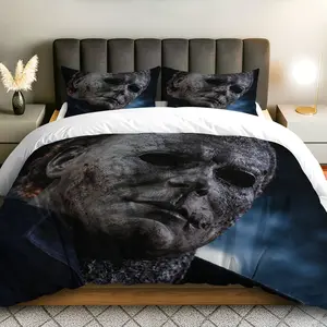 3PCS Duvet Cover Set, 1 Duvet+2 Pillowcases(Without filler), Horror Scary Thriller Mask theme, Halloween bedding set, Spooky Night Decor, One Size Available, Suitable for decoration Bedroom, Guest Room, Lodge, Themed Hotel.