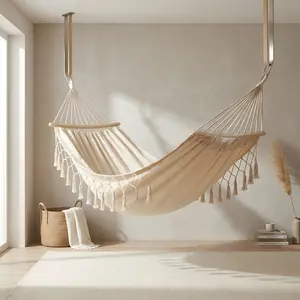 Hammock Hanging Swing Double Max 500lbs Macrame for Indoor Outdoor Patio Yard Garden (Beige)