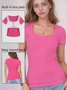 1pcs 2025 women's round neck fitted shirt t-shirt with built-in chest pads, basic short sleeve summer t-shirt tops, casual and versatile, women's summer must-have short sleeve021.