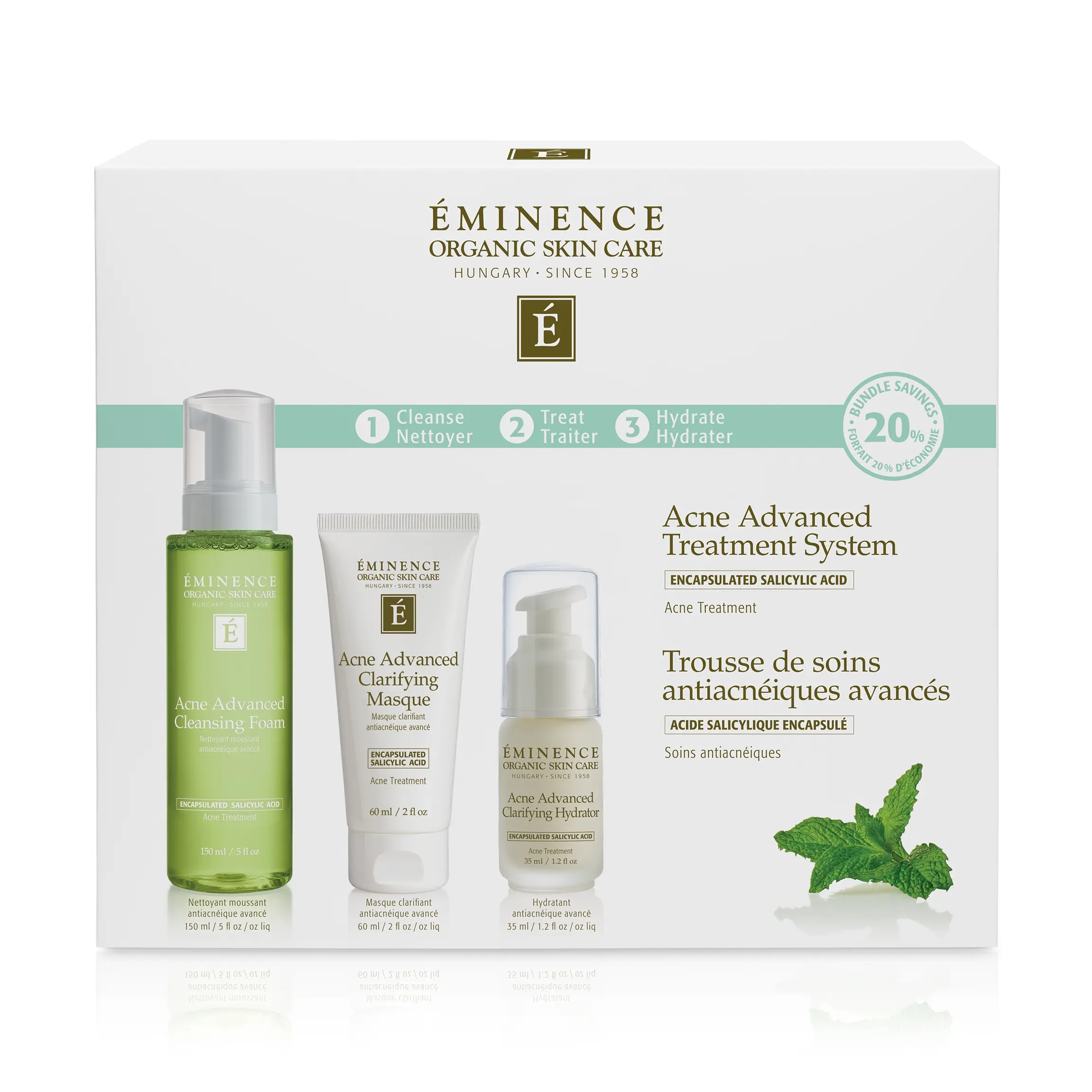 Eminence Organics Acne Advanced Treatment System - Organic Cleanser, Foam Wash, Caffeine-Infused Moisturizer, Lavender-Infused Solution for Acne Prone Skin with Lemon, Lotus, Rosemary, Cinnamon, Peppermint, Olive Leaf, Oregano, Salicylic Acid