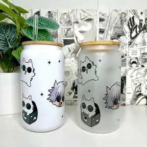 Anime Glass Cup With Glass Straw And Bamboo Lid