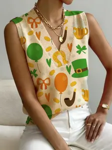 Women's St Patrick's Day Clover Print V-Neck Sleeveless Knit Sweater Vest, Casual Breathable Colorblock Top for Spring Summer Fall