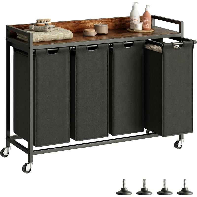 Laundry Hampers with Shelf, Laundry Basket 3 Section, Laundry Sorter with Pull-Out Removable Large 3 Color Bags and Movable Wheels, Metal Frame, 3 x 15.87 Gallons (60L), Rustic Brown PF04XLN