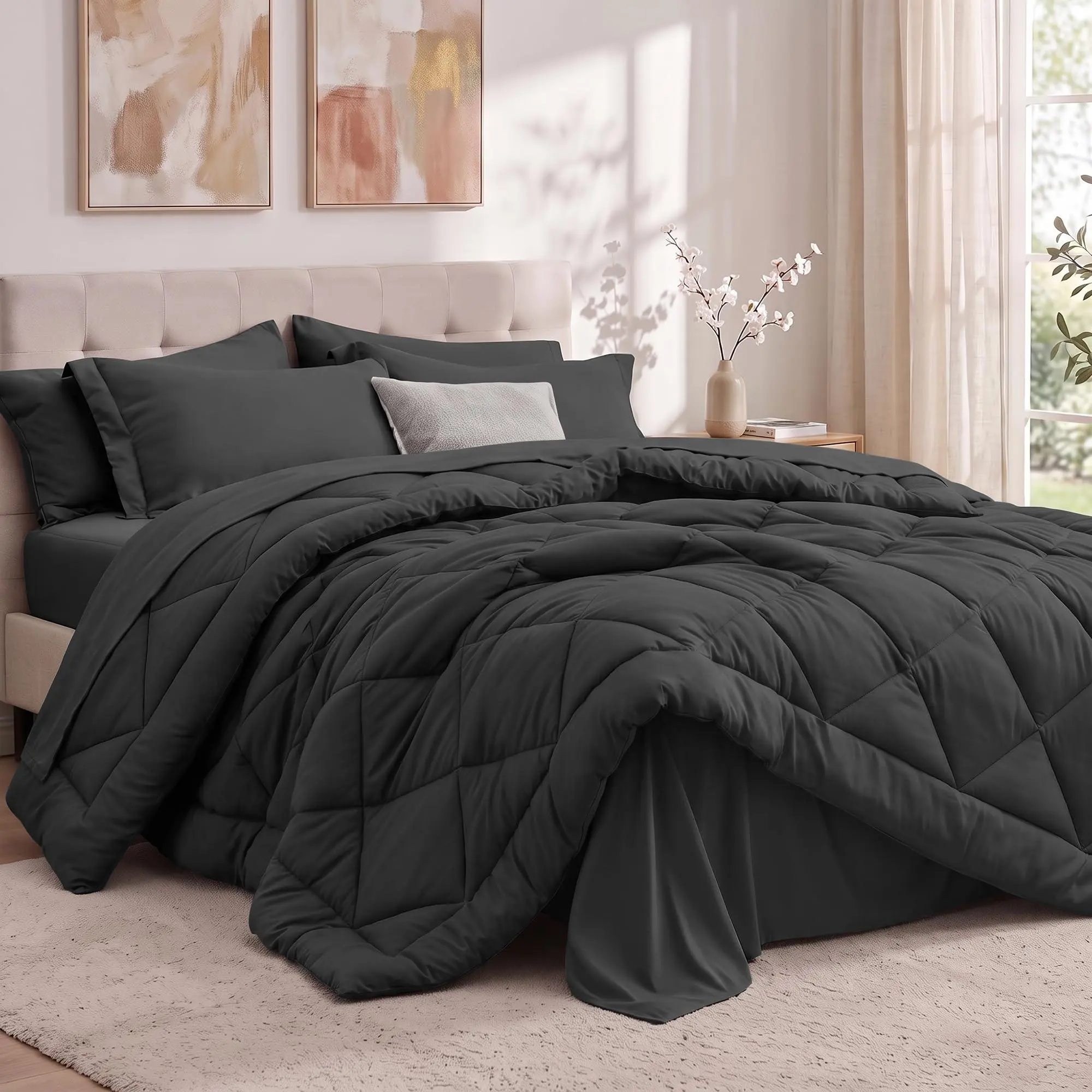 Utopia Bedding Comforter Set Full, Bed in a Bag 7 Piece, Dark Grey Diamond Quilted Bedding Set, Microfiber Fill, Comforter, Flat Sheet, Fitted Sheet, Pillowcase, Pillow Shams, Machine Washable