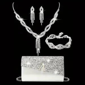 4/pcs high-end elegant sparkling glossy flip cover dinner bag, paired with rhinestone jewelry earrings, necklaces, bracelets, suitable for ladies' fashion accessories in dinner and wedding sets