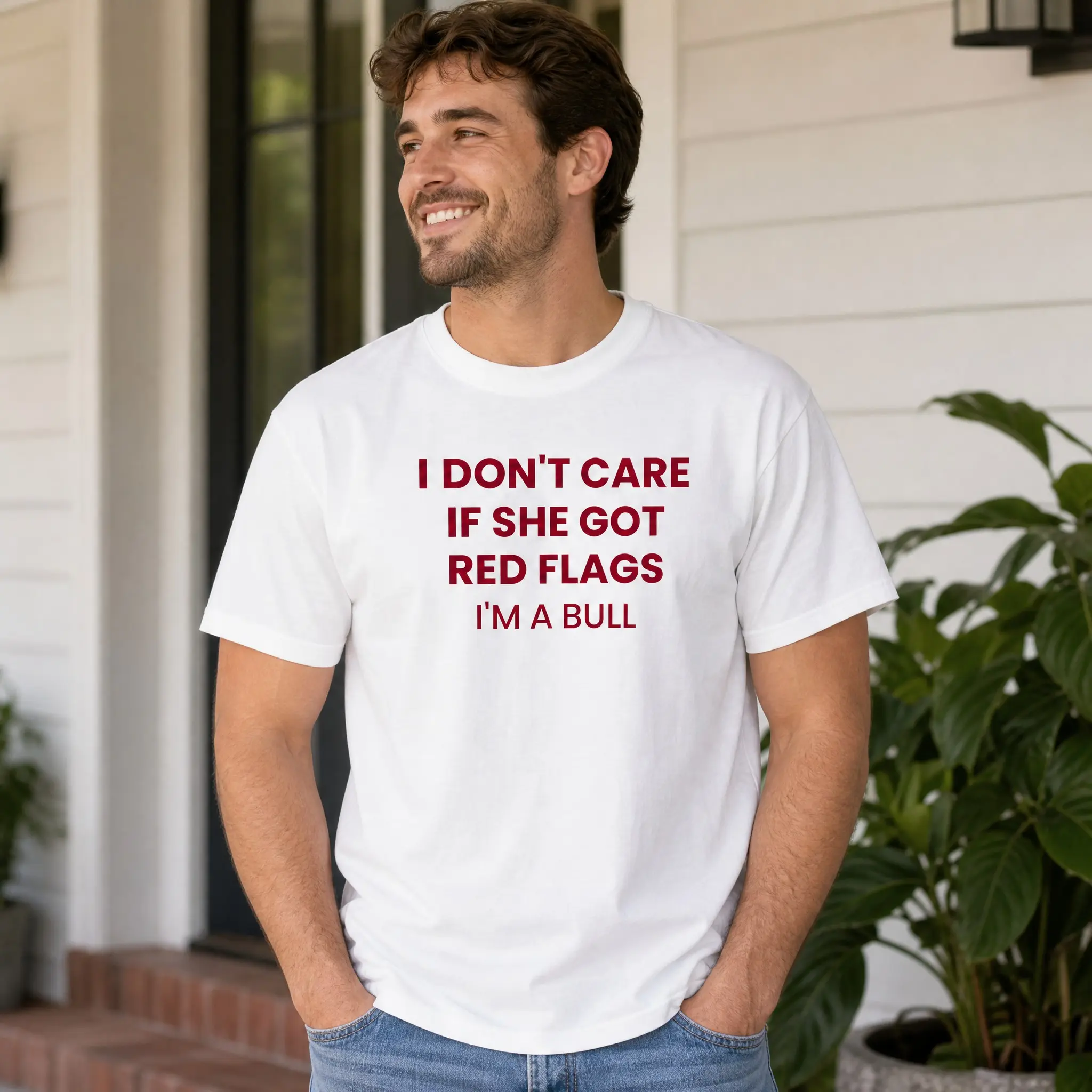 Red Flags Bull Men's Funny Graphic T-Shirt White Short Sleeve S-3XL