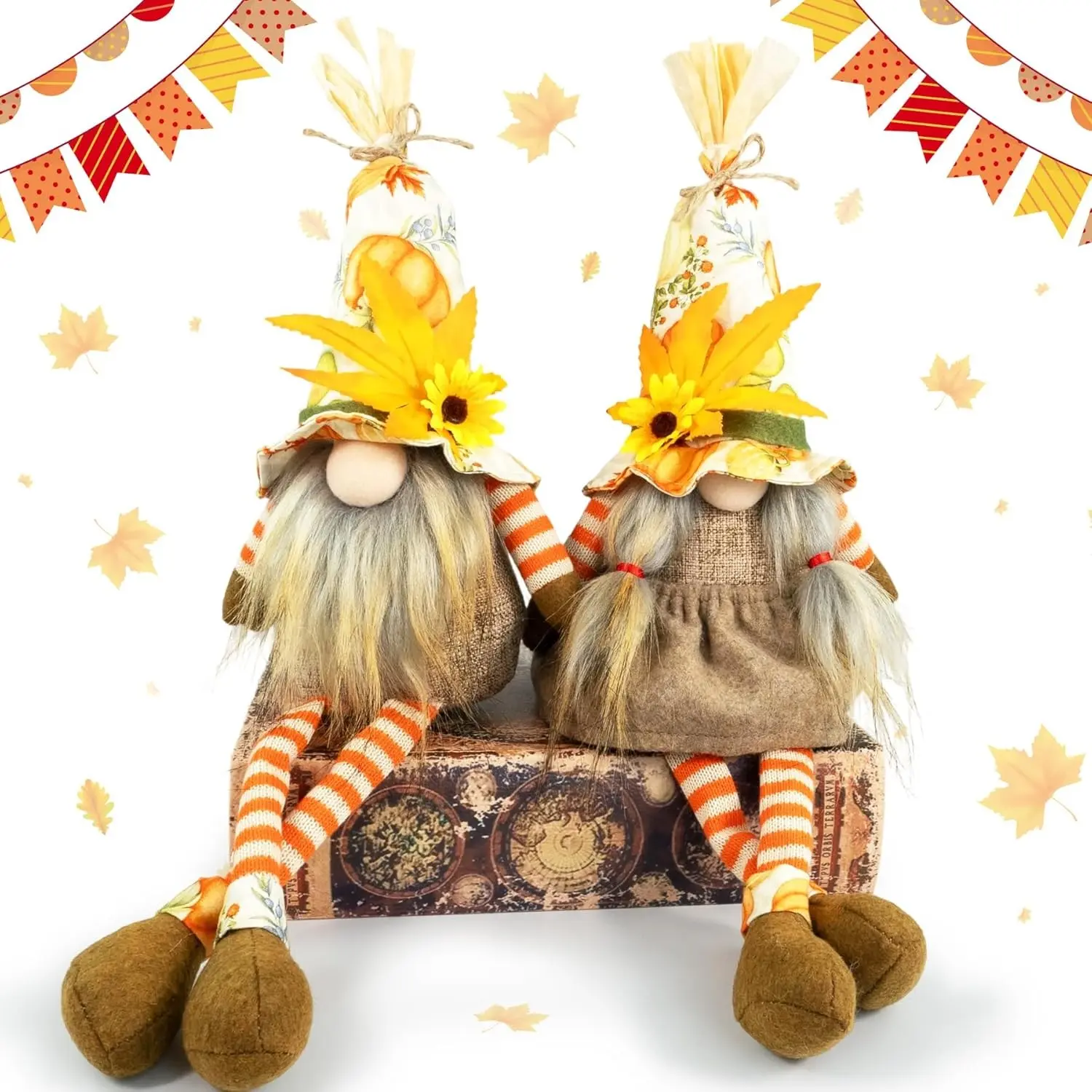 2 Pack Fall Gnomes, Thanksgiving Shelf Sitters with Dangling Legs | Soft Plush Harvest Gnome Couple with Pumpkin Hats for Table, Mantel, Tiered Tray, Farmhouse Autumn Decor and Gifts for Women