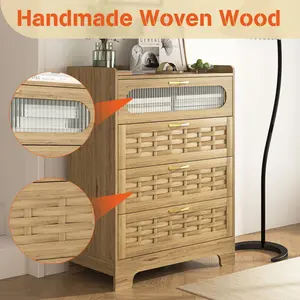 Modern Wooden 4 Drawer Dresser, Wide Storage Chest with Acrylic Door, Woven Top and Gold Handles, Practical Organizer for Bedroom, Living Room, Hallway, Nursery