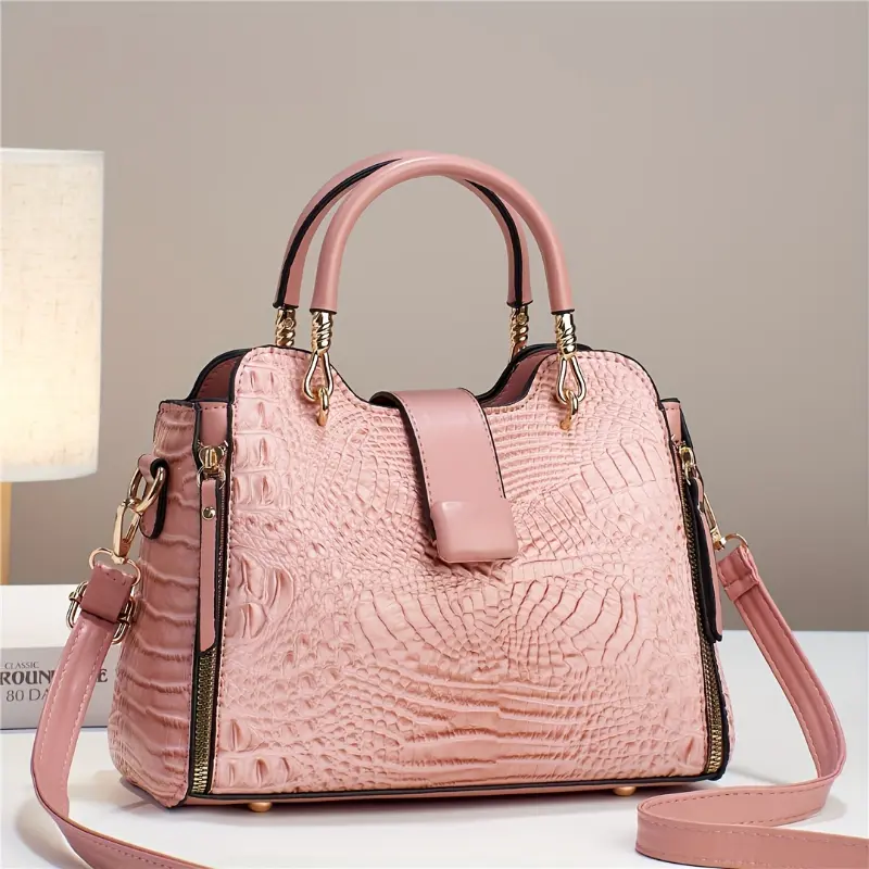 Women's Crocodile Pattern Tote Bag, Casual PU Leather Shoulder Bag with Removable Crossbody Strap and Zip Closure, Burgundy, Synthetic, Shoulder Strap
