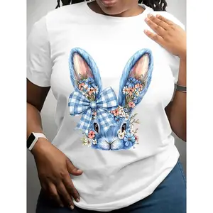Plus Size Blue Bunny Floral Design Short Sleeve Crew Neck TShirt with Checkered Bow for Easter Casual Spring Celebration Party or Holiday Gathering