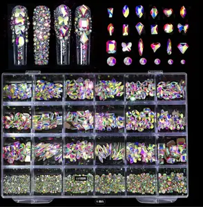 Nail Art 24 Grids AB Color Y2K Aesthetic Rhinestones Kit Flat Bottom Asymmetric Shape Manicure Decoration DIY Nail Charms Gems Supplies