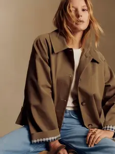 A women's brown short-length, loose-fitting, single-breasted casual coat with a stand-up collar, suitable for spring and autumn, for daily commuting, street wear, and home wear Jackets