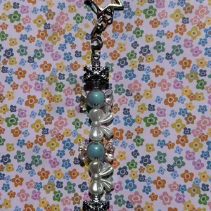 Blue candy beads and ribbon pearl beaded snowflake keychain