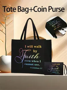 Tote Bag Set, With Motivational Letters "I Will Walk By Faith Even When I Cannot See" Printed On It, Portable Shopping Bag, Makeup Bag, Lightweight Foldable Storage Elegant Bag, Casual Commuter Bag