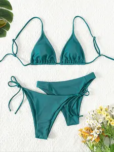 Three-Piece Set Women's Solid Tie Back Triangle Bra & High Cut Panty & Tie Side Swim Bottom Bikini Set, Casual Elegant Chic Swimwear Set, Ladies Summer Beach Holiday Vacation Swimsuit, Tie Back Bikinis, Self Tie Bikini