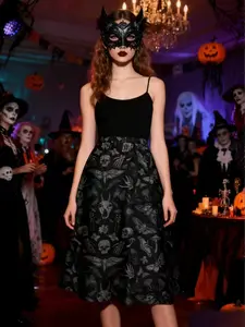 Women's Gothic Dark Halloween Crow Skull Moth Plant Print Skirt, Casual Long H-Type Skirt, All Seasons Fashion Bottoms
