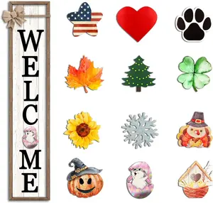 Interchangeable Welcome Sign for Front Porch Standing 45"X9" Large with 12 Pcs Replaceable Icons Outdoor Decorations Frame Tall Vertical Outside