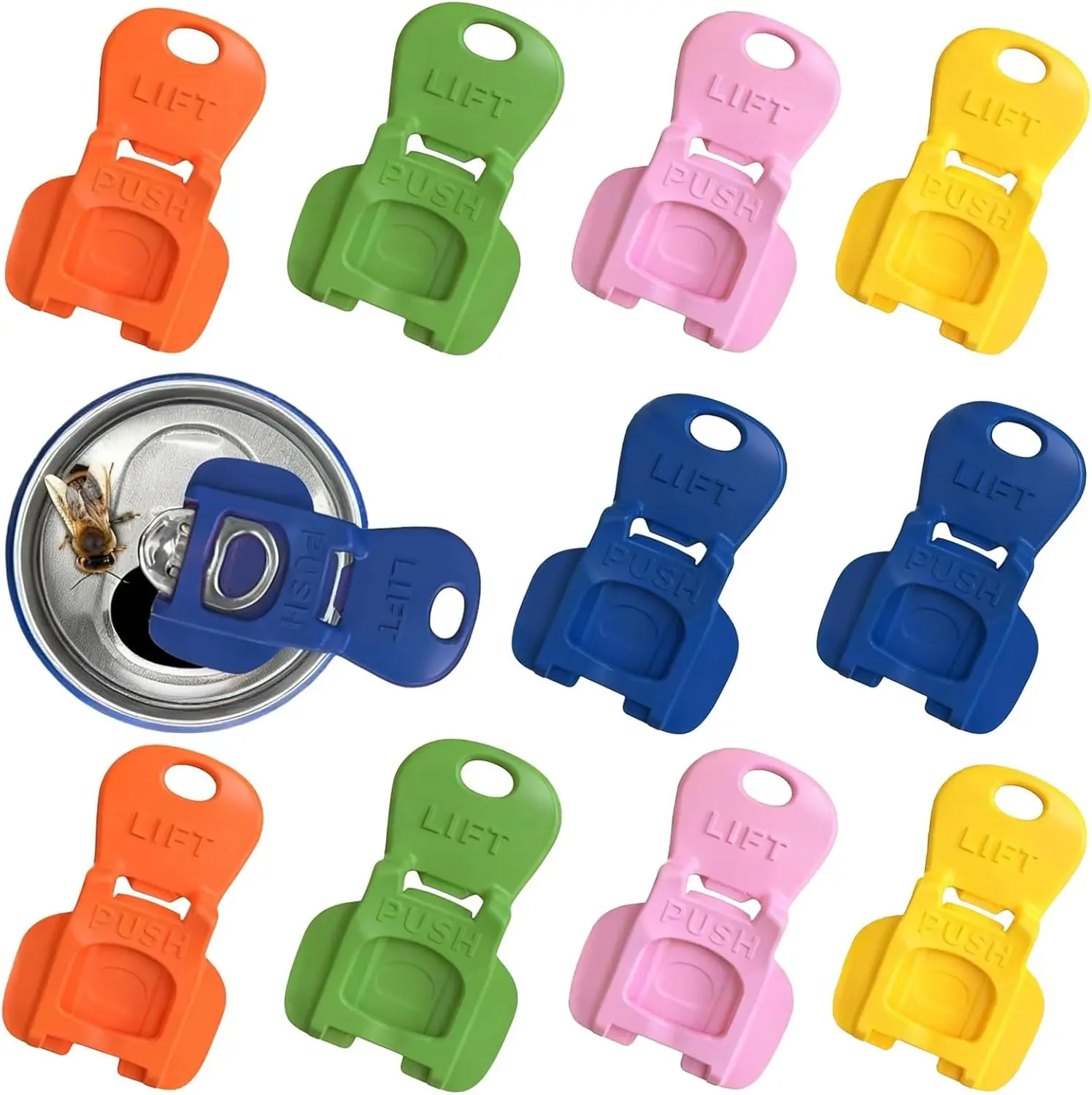 Reuse Handheld Grip-On Drink Opener Set with 10 Plastic Dust-Proof Covers - Lightweight Portable Kitchen Utensil, 5 Bright Colors, Mini Keychain-Style Design for Parties, Camping, Drink Opener Openers