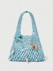 Beach Vacation Style Light Blue Shell Starfish Woven Tote Bag, DIY Accessories Required, Women's Straw Beach Bag