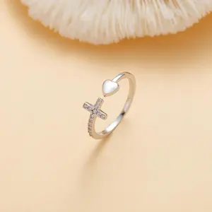 Women's 925 Sterling Silver Cross Ring - Adjustable CZ Christian Prayer Pinky Ring Gift