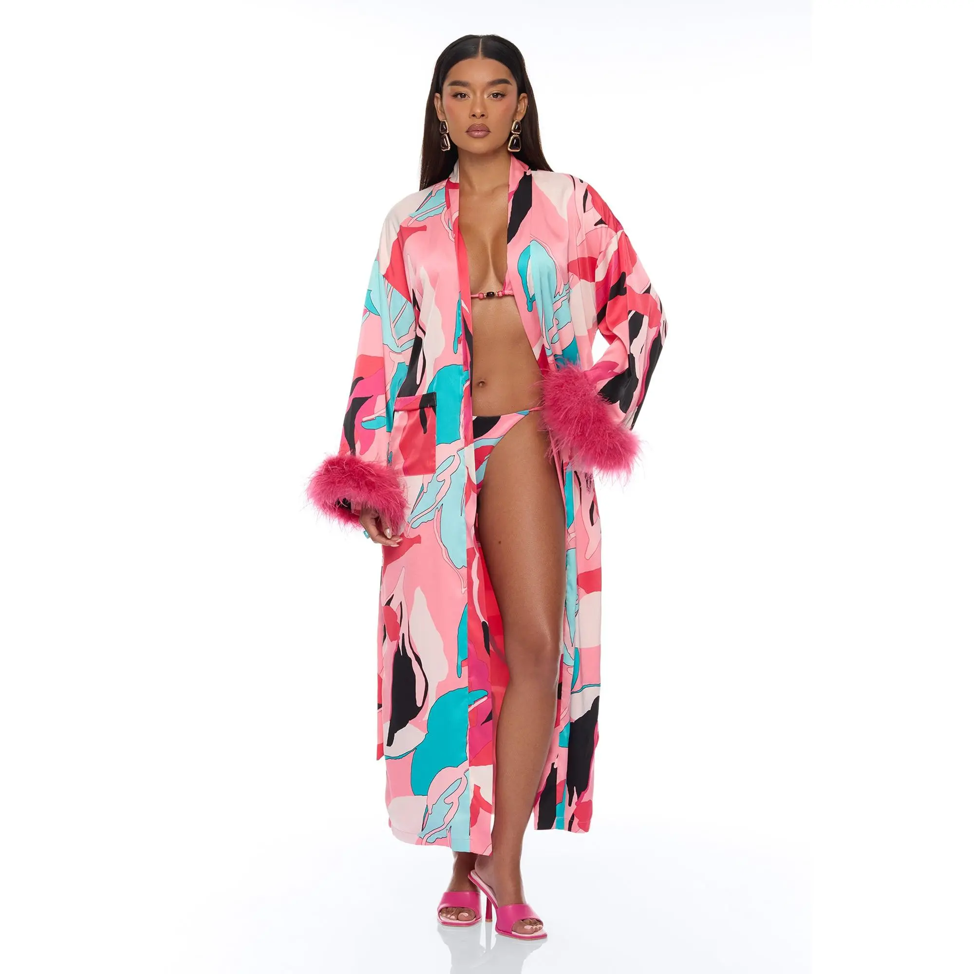 Eyes On Me Satin Kimono Bikini 4 Piece Set - Pink/combo