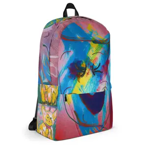 Smiling Spirit Graffiti Backpack –This all over print graffiti backpack bursts with colorful emotion and playful mysticism The front features a joyful abstract face eyes closed, wide smile The side panel adds a twist a quirky yellow cat like figure