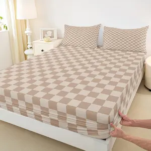 Check Fitted Sheets,Light Brown Checkered Bedding Set Woman Men Room Decor,Geometric Grid Deep Pocket Sheet Modern Plaid Bed Cover