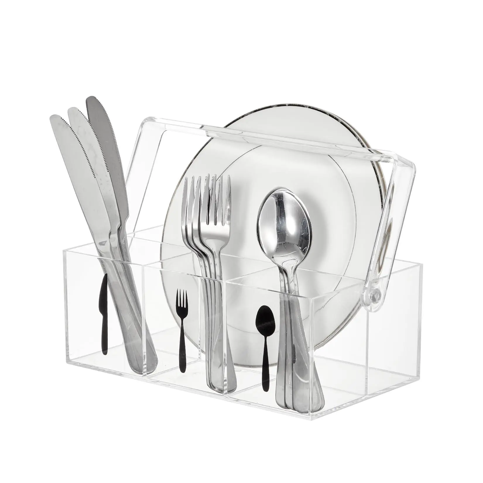 GARVEE Acrylic Utensil Caddy with Handle, Plastic Silverware Organizer and Flatware Holder, Paper Plate Dispenser for Kitchen Countertop, Parties, Outdoor Picnic