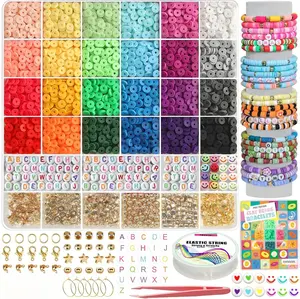 6000+PCS Clay Beads Bracelet Making Kit,24 Color DIY Flat Preppy Beads for Friendship Jewelry Making,Polymer Heishi Beads with Charms Gifts for Teen Girls Crafts for Ages 4-12
