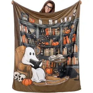 Ghost Reader Halloween Blanket 60"x50" Book Lovers Gifts Throw Blankets Skeleton Reading Books for Women Bookworm Bookish Boo Basket(Ghost)