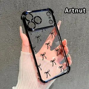 Black Bow Pattern Four Corner Anti-Fall Phone Case Transparent Electroplated Protective Cover for iPhone 17 Air 16E 15 Pro Max 14 Plus 13 12 Promax 11