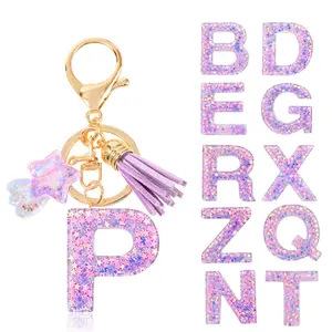 Single Piece Alphabet Letter Keychain with Star and Tassel Charms, Resin Ladies Key Ring with Lobster Clasp, Sequin and Imitation Crystal Pendant, Decorative Fashion Accessory, Keychain Kawaii, with for Valentine'S Day and School Season Gift