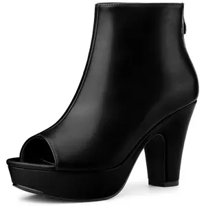 BLISSFUL STEP Women's Back Zip Chunky Heel Booties Peep Toe Platform Ankle Boots