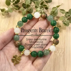 Green Aventurine & Chrysocolla Beaded Necklace Bracelet Set with Four-Leaf Clover Pendant Natural Stone Wealth Jewelry Vintage Boho Style Unisex Elegant Accessory for St Patrick's Day & Thanksgiving Gifts
