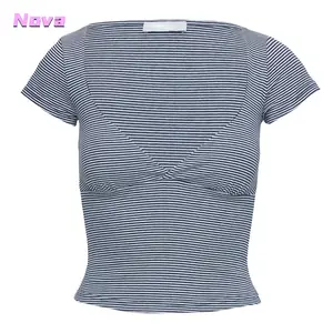 Women's Sweetheart Neck Tops Stripes Print Short SleeveFit Cropped Tees Streetwear clothes