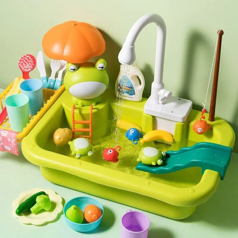 Vegetable Washing Basin Kitchen Playset, Toddler Play Kitchen, Electric Circulating Water Sink, Kids’ Dishwashing/Handwashing Toy, Realistic play set cookingset Plastic Toy Outdoorfun Fun Cleaning Playset, Kitchen Pretend Play Set