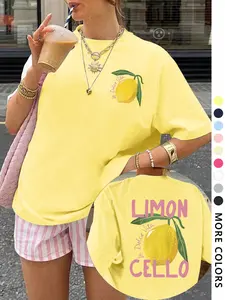 Women's Lemon & Letter Print Round Neck Tee, Fashion Casual Short Sleeve T-shirt for Daily Wear, Ladies Summer Clothes, Top, Womenswear, Graphic Tees Women, Funny Tshirt, Streetwear